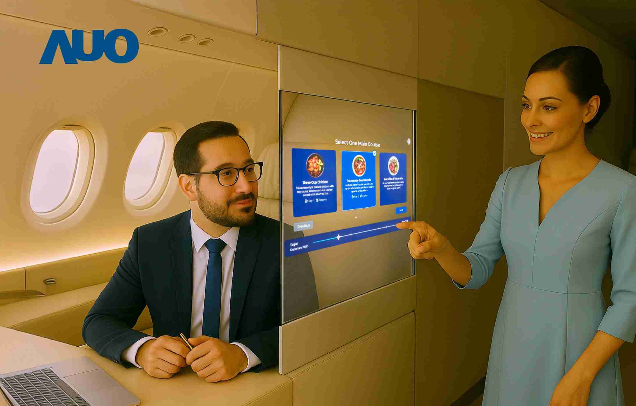 2121非凡研发全球最薄17.3 吋双面透明 Micro LED 显示器，，，可在同一屏幕之双边投射不同信息，，，，创造独特的”透明化”互动；图为实时翻译交流应用情境